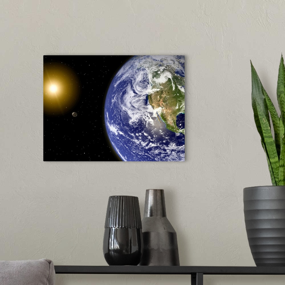 A modern room featuring A breathtaking view of the earth from space. The sun can be seen with a beautiful glow in the dis...
