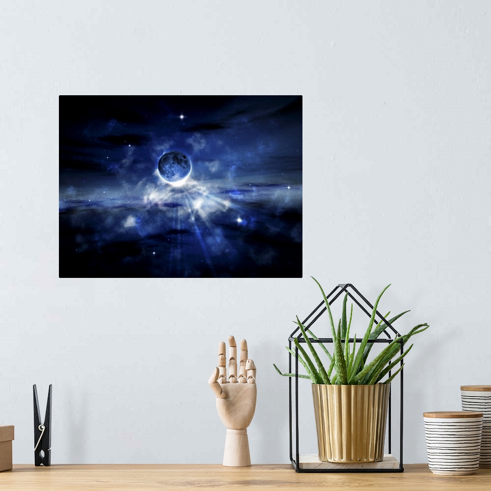 A bohemian room featuring Artwork that is a digital re-creation of a planet in outer space. Light beams from behind it with...