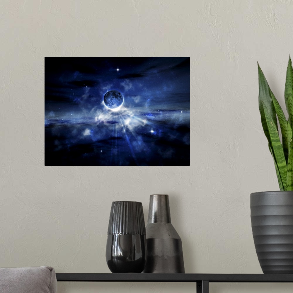 A modern room featuring Artwork that is a digital re-creation of a planet in outer space. Light beams from behind it with...