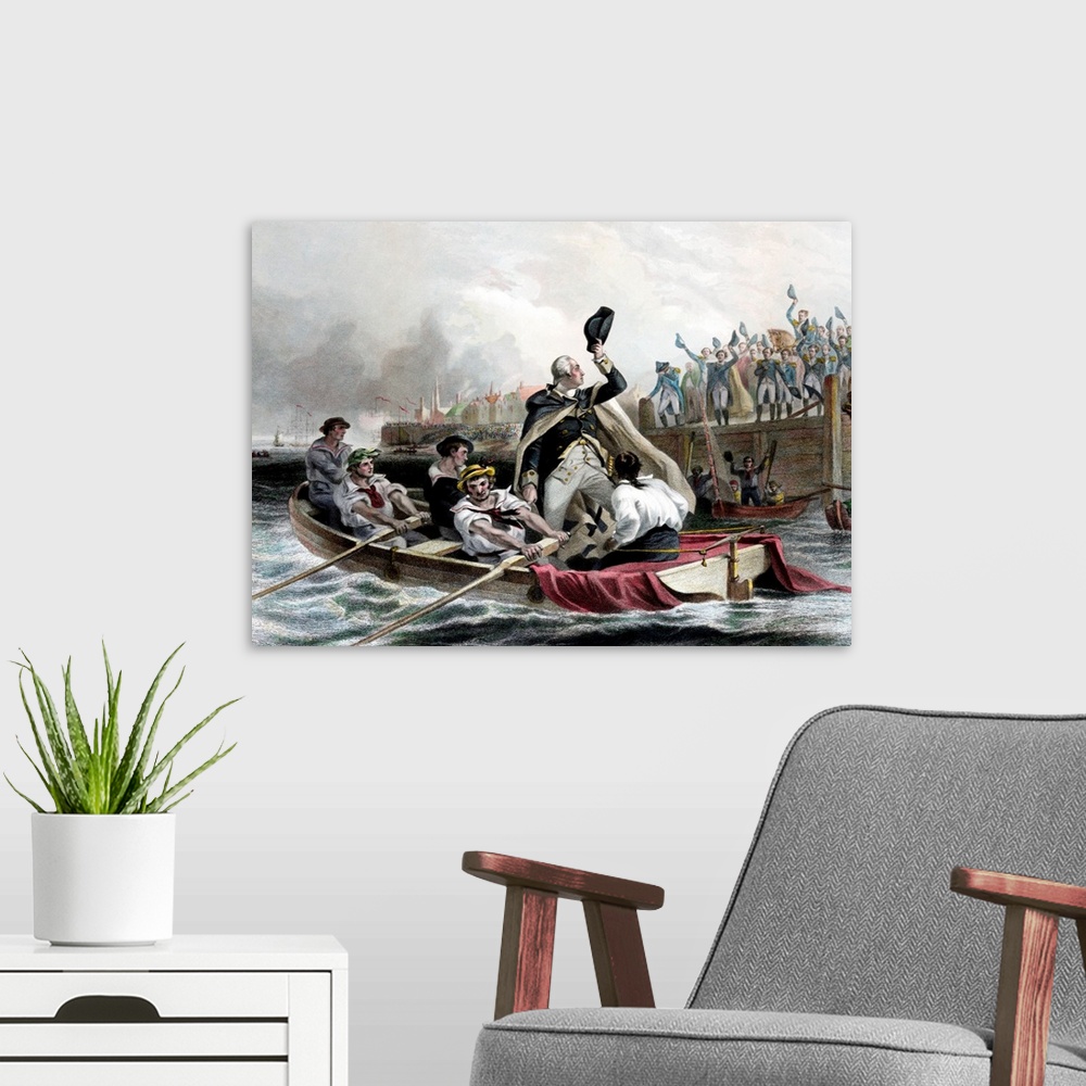 A modern room featuring Digitally restored vintage American history print of General George Washington tipping his hat to...