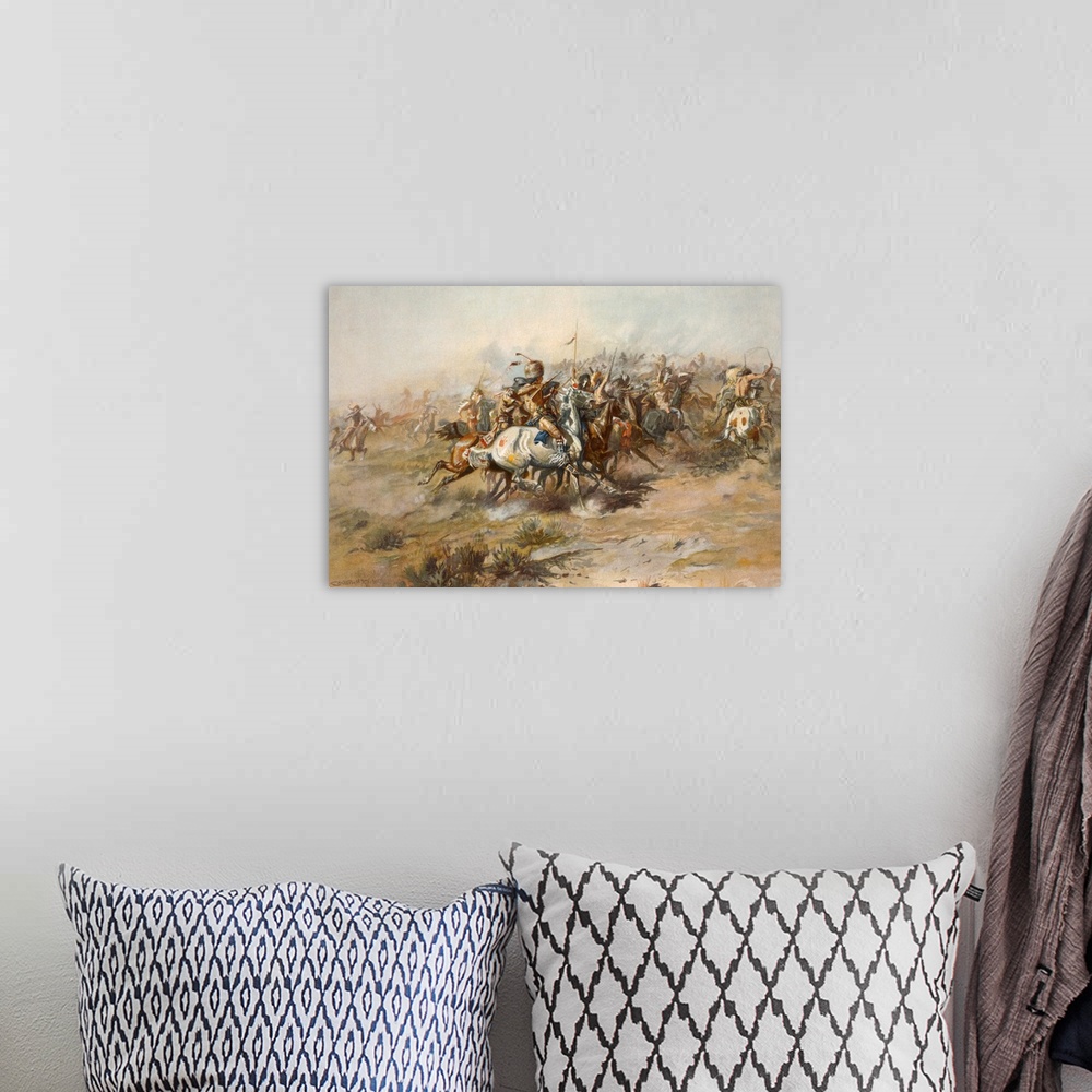 A bohemian room featuring Digitally restored American history print of the Battle of Little Bighorn from the Native America...