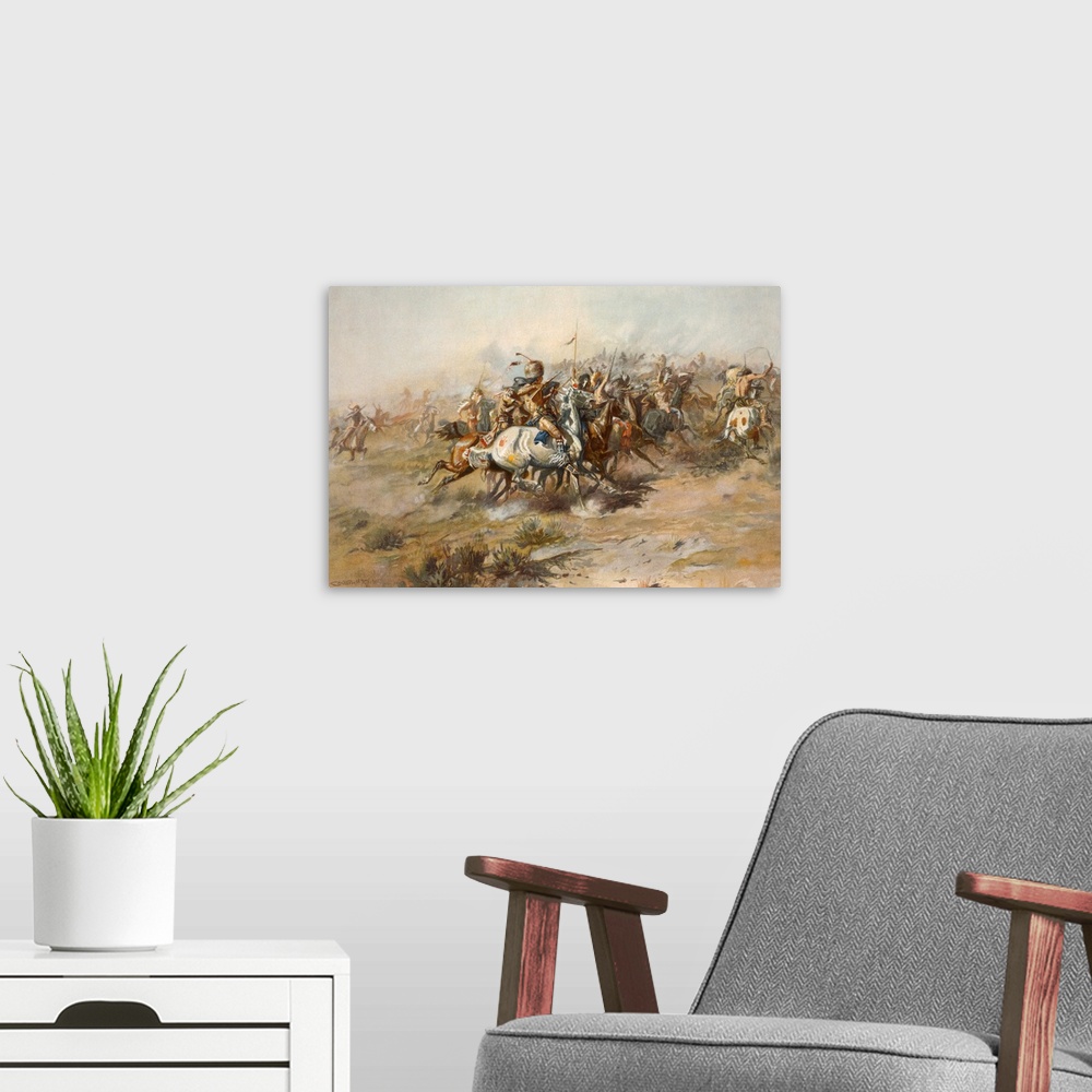 A modern room featuring Digitally restored American history print of the Battle of Little Bighorn from the Native America...