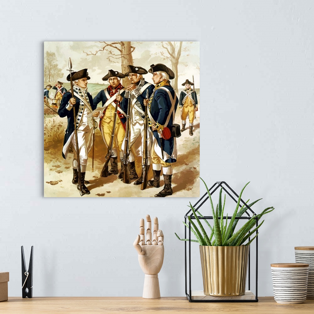 A bohemian room featuring Digitally restored vector painting of soldiers of the Continental Army, also known as Minutemen, ...