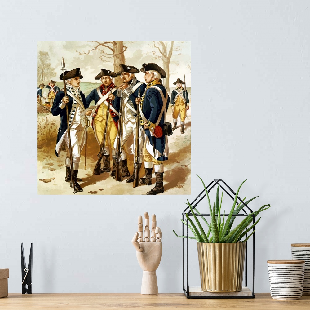 A bohemian room featuring Digitally restored vector painting of soldiers of the Continental Army, also known as Minutemen, ...