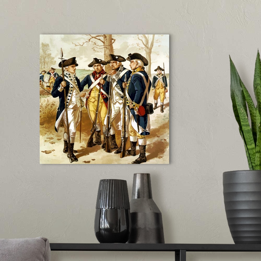 A modern room featuring Digitally restored vector painting of soldiers of the Continental Army, also known as Minutemen, ...