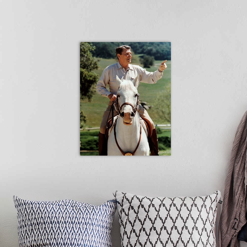 A bohemian room featuring Digitally restored vector photo of President Ronald Reagan on horseback.