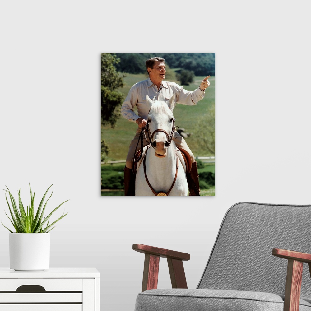 A modern room featuring Digitally restored vector photo of President Ronald Reagan on horseback.