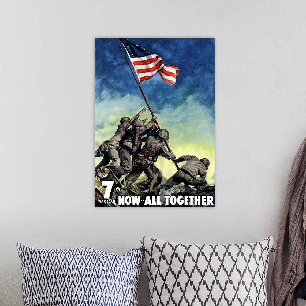 A bohemian room featuring This vertical poster of vintage wall art created to inspire patriotism and war bond sales feature...