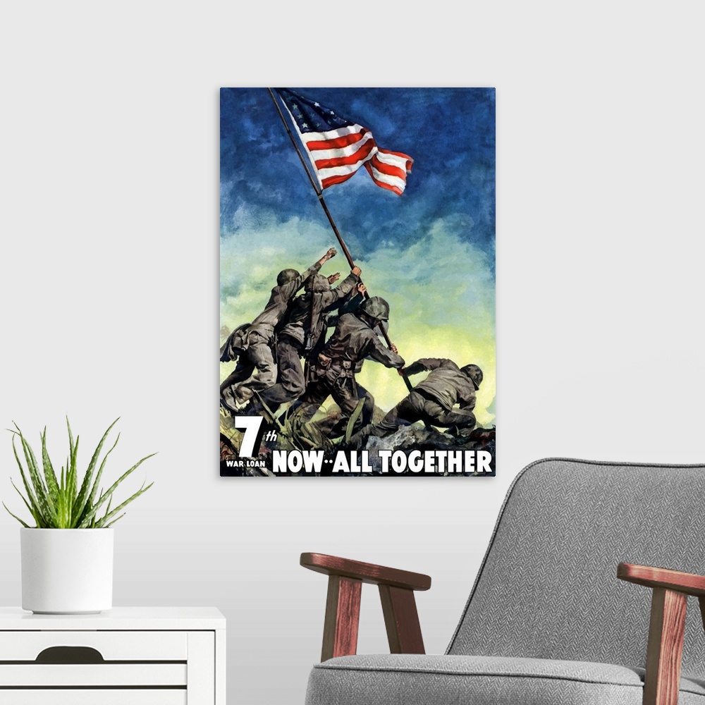 A modern room featuring This vertical poster of vintage wall art created to inspire patriotism and war bond sales feature...