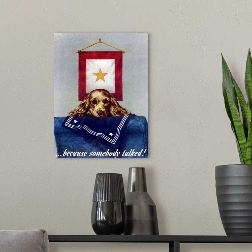 A modern room featuring Digitally restored vector war propaganda poster. This vintage World War Two poster features a gol...