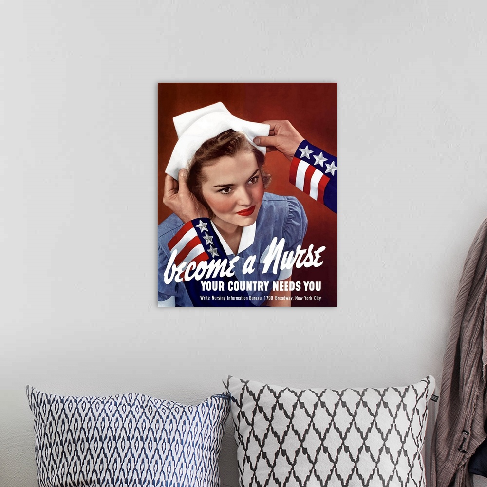 A bohemian room featuring A vintage World War Two poster featuring Uncle Sam placing a hat on a smiling nurse.
