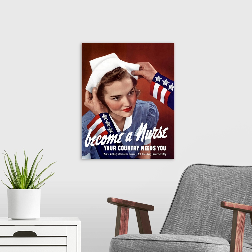 A modern room featuring A vintage World War Two poster featuring Uncle Sam placing a hat on a smiling nurse.