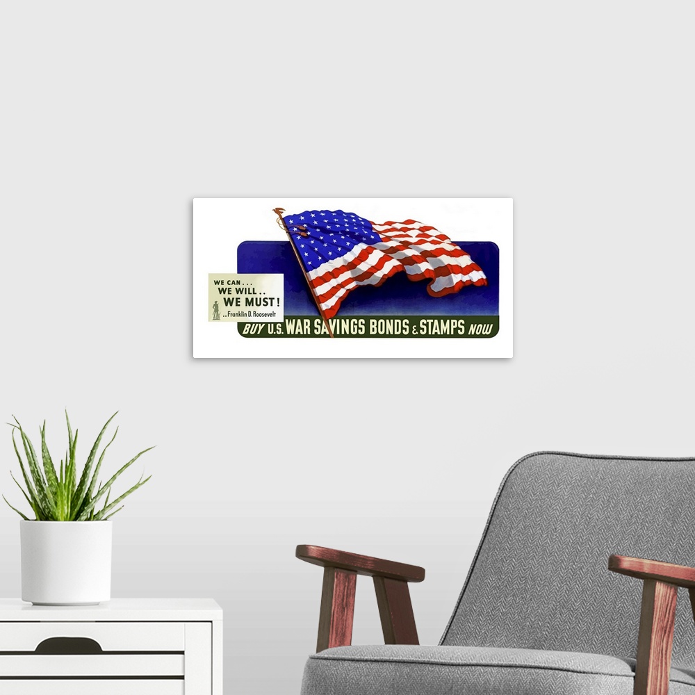 A modern room featuring Digitally restored vector war propaganda poster. This vintage World War Two poster features a wav...