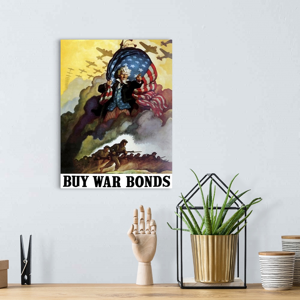 A bohemian room featuring This vintage World War Two poster features Uncle Sam holding an American Flag and urging troops a...