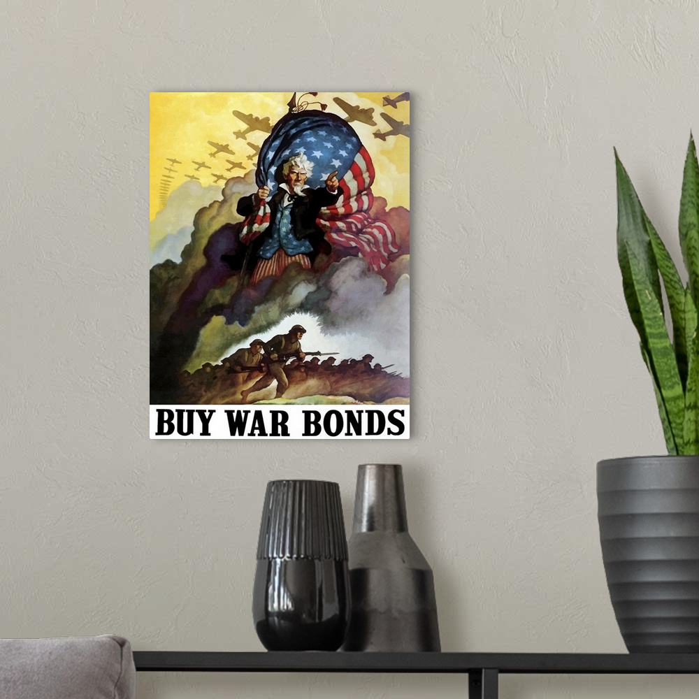 A modern room featuring This vintage World War Two poster features Uncle Sam holding an American Flag and urging troops a...