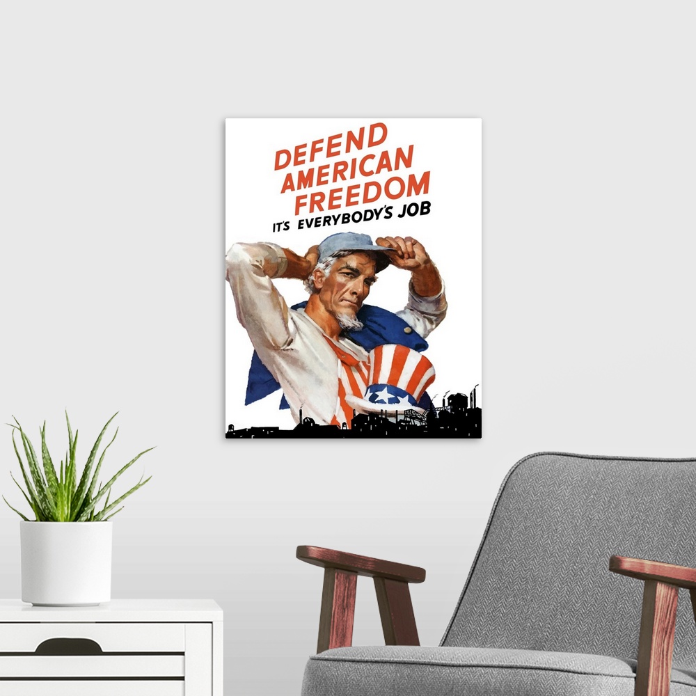 A modern room featuring Digitally restored vector war propaganda poster. This vintage World War Two poster features Uncle...