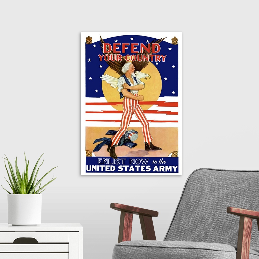 A modern room featuring Digitally restored vector war propaganda poster. This vintage World War Two poster features a soa...