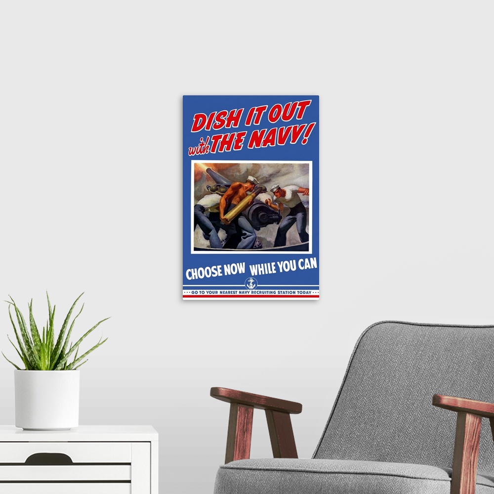 A modern room featuring Digitally restored vector war propaganda poster. This vintage Navy World War Two poster features ...