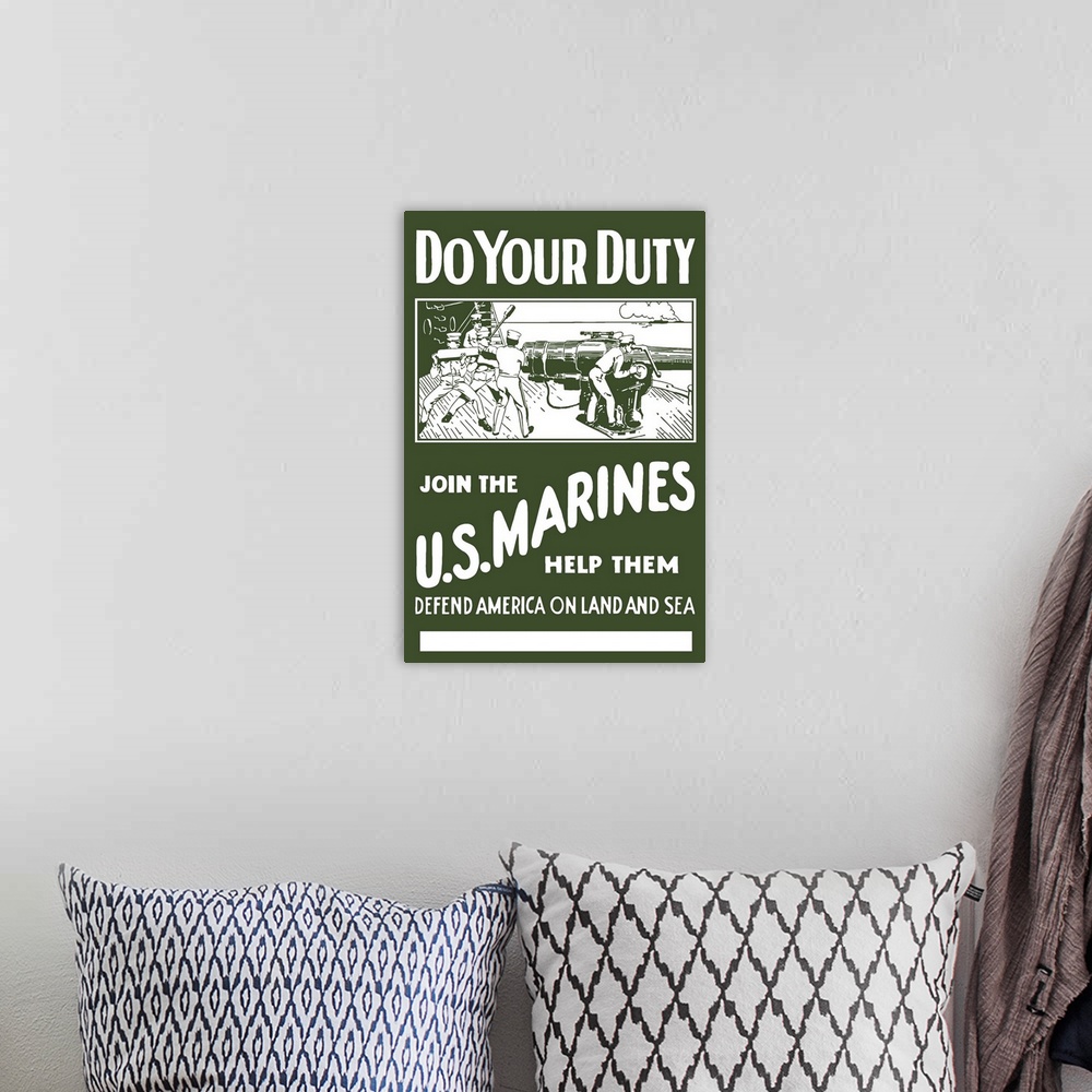A bohemian room featuring Digitally restored vector war propaganda poster. This vintage World War II poster features Marine...