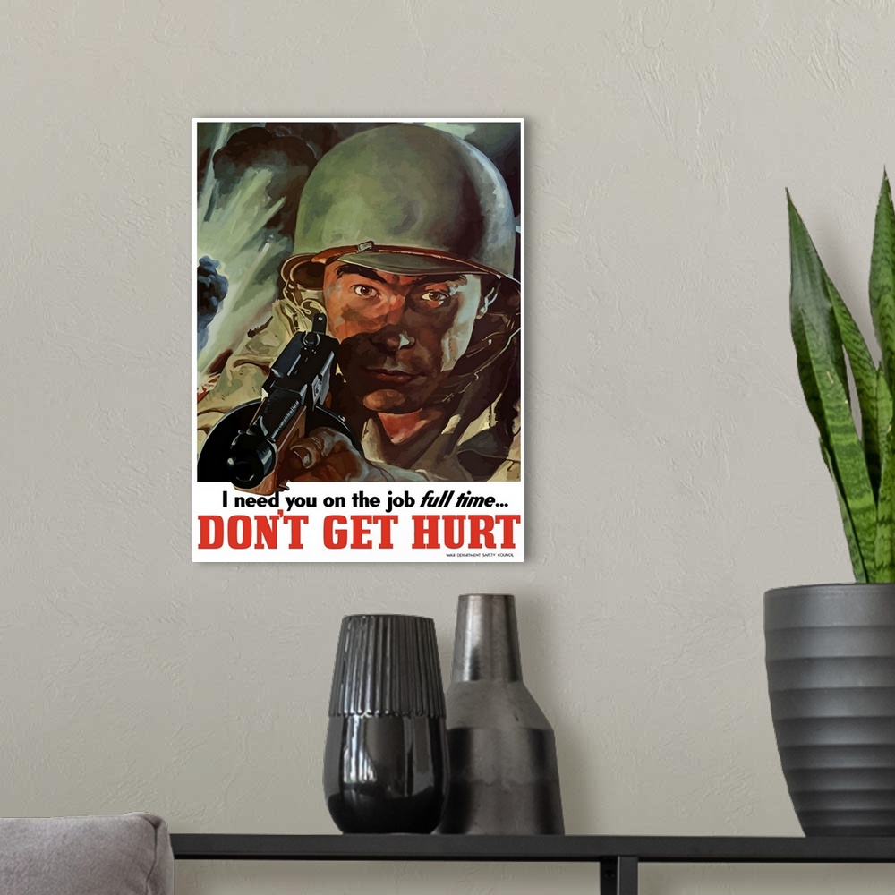 A modern room featuring Digitally restored vector war propaganda poster. This vintage World War II poster features an Ame...