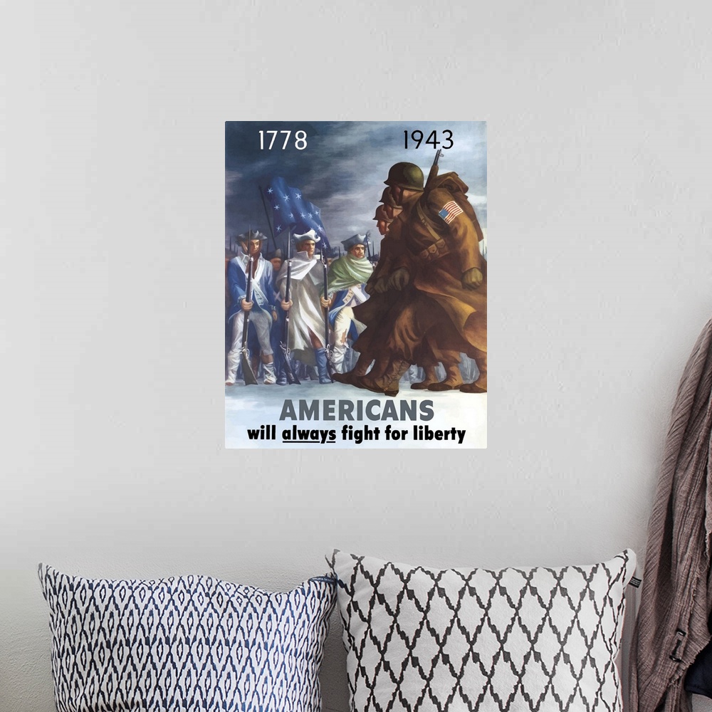 A bohemian room featuring This vintage war poster features American Infantryman marching past Minutemen from the Revolution...