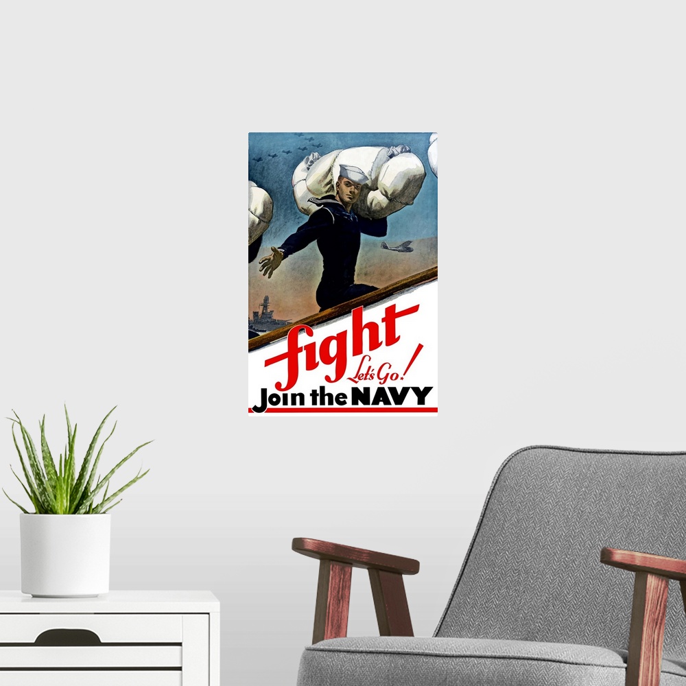 A modern room featuring Digitally restored vector war propaganda poster. This vintage World War Two poster features a Uni...