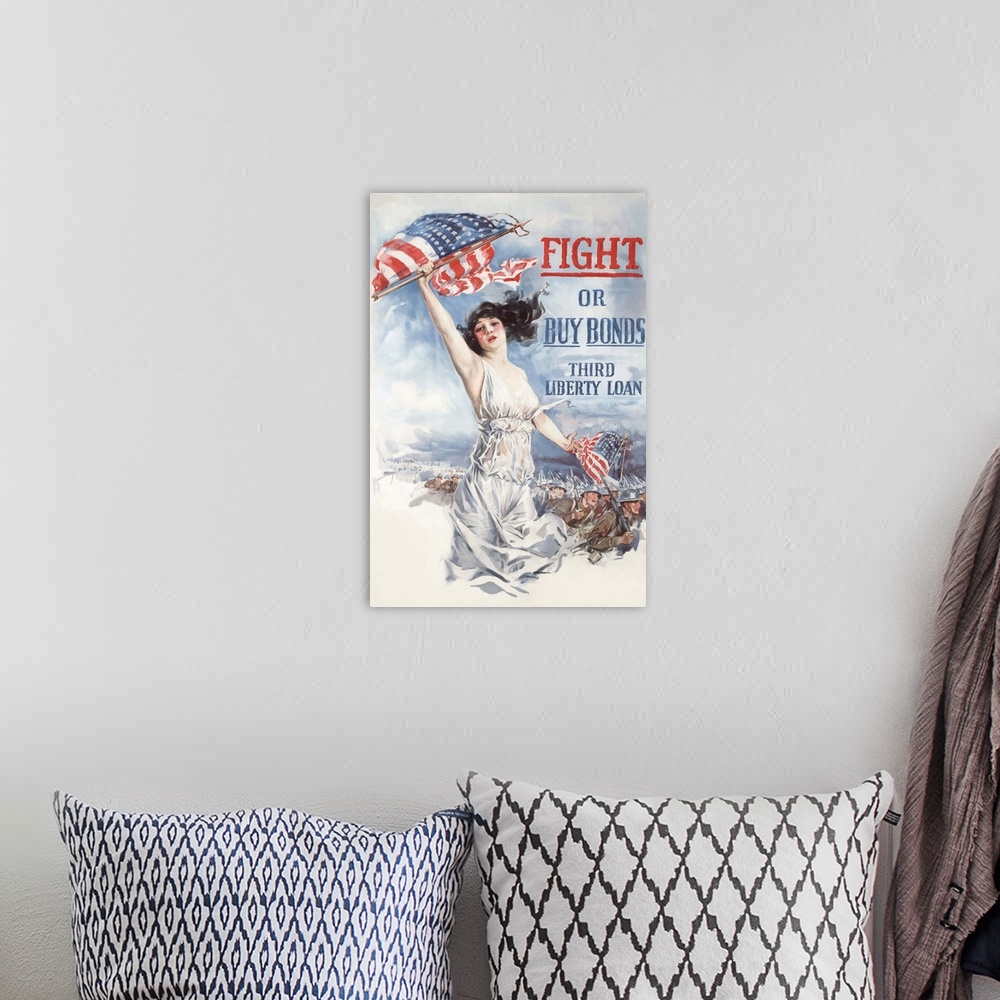 A bohemian room featuring Digitally restored vector war propaganda poster. This vintage World War 1 poster features Lady Li...