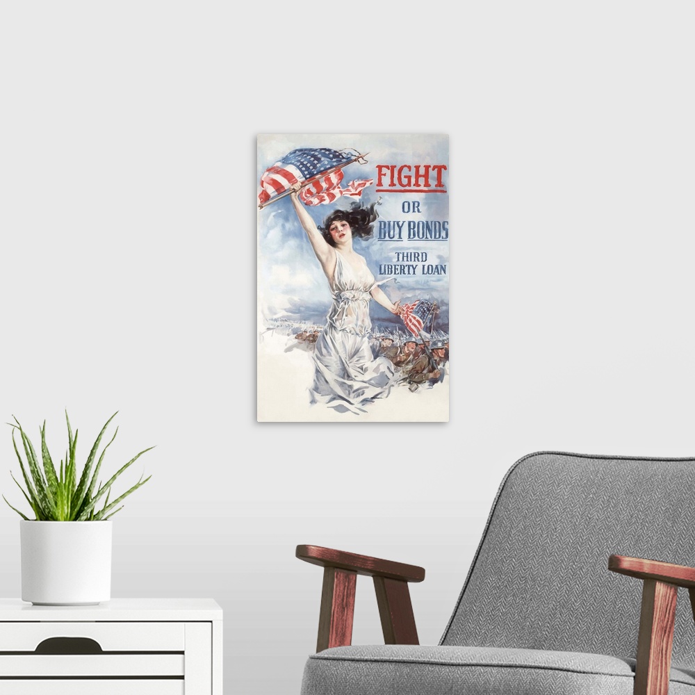 A modern room featuring Digitally restored vector war propaganda poster. This vintage World War 1 poster features Lady Li...