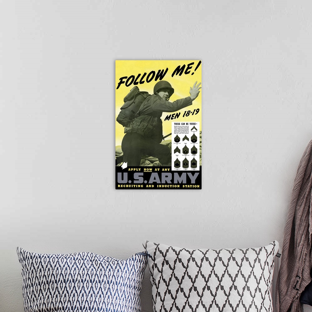 A bohemian room featuring This vintage World War Two poster features an Army Infantryman urging you forward.