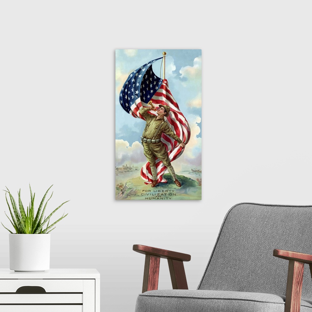 A modern room featuring Digitally restored vector war propaganda poster. This vintage World War One poster features a U.S...