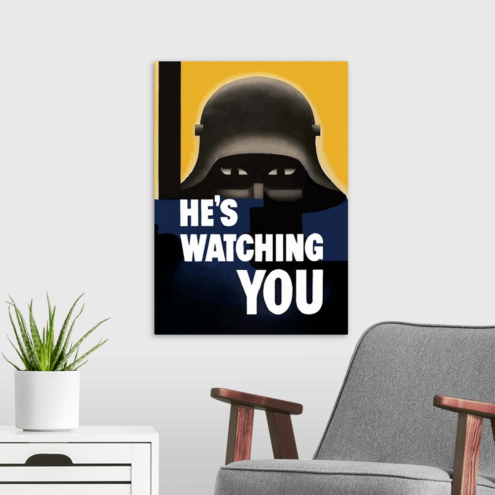 A modern room featuring Digitally restored vector war propaganda poster. This vintage World War Two poster features the d...
