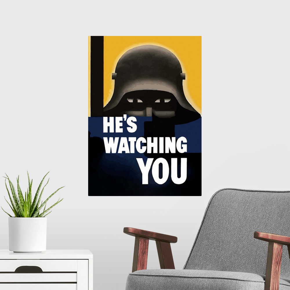 A modern room featuring Digitally restored vector war propaganda poster. This vintage World War Two poster features the d...