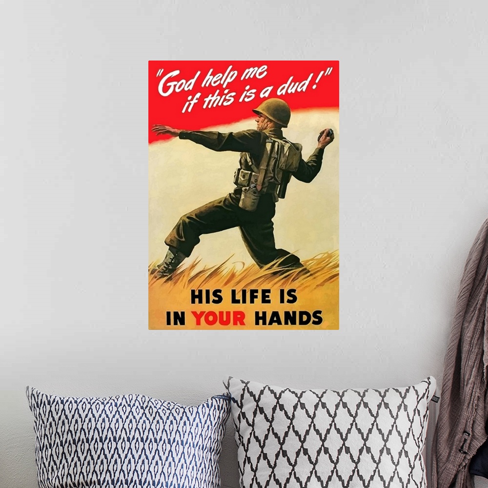 A bohemian room featuring Digitally restored vector war propaganda poster. This vintage war poster features an American Sol...