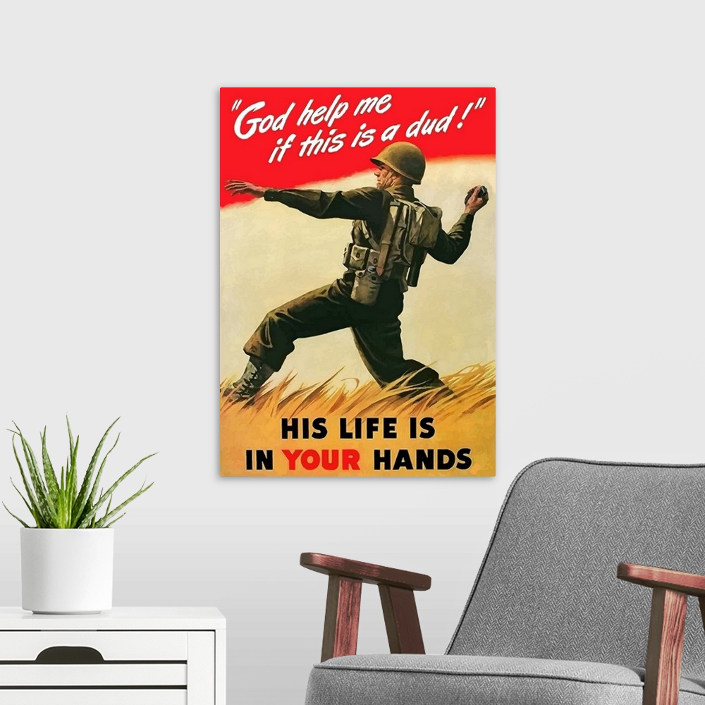 A modern room featuring Digitally restored vector war propaganda poster. This vintage war poster features an American Sol...