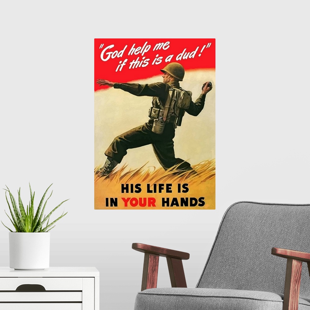 A modern room featuring Digitally restored vector war propaganda poster. This vintage war poster features an American Sol...