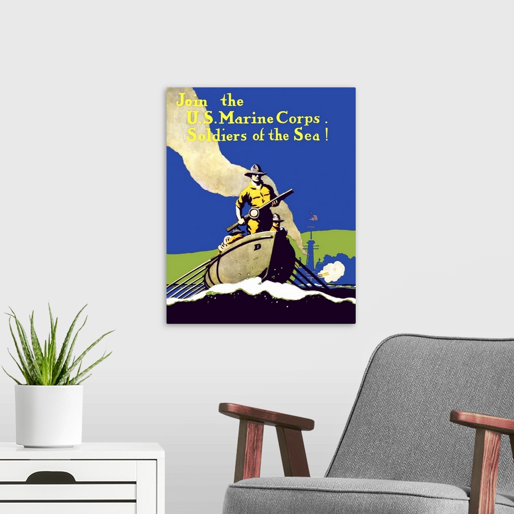 A modern room featuring Digitally restored vector war propaganda poster. This vintage World War One poster features US Ma...