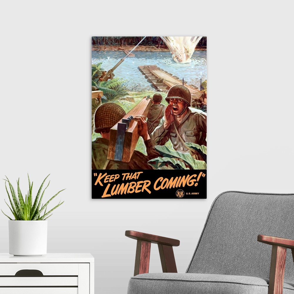 A modern room featuring Digitally restored vector war propaganda poster. This vintage World War II poster features Army E...