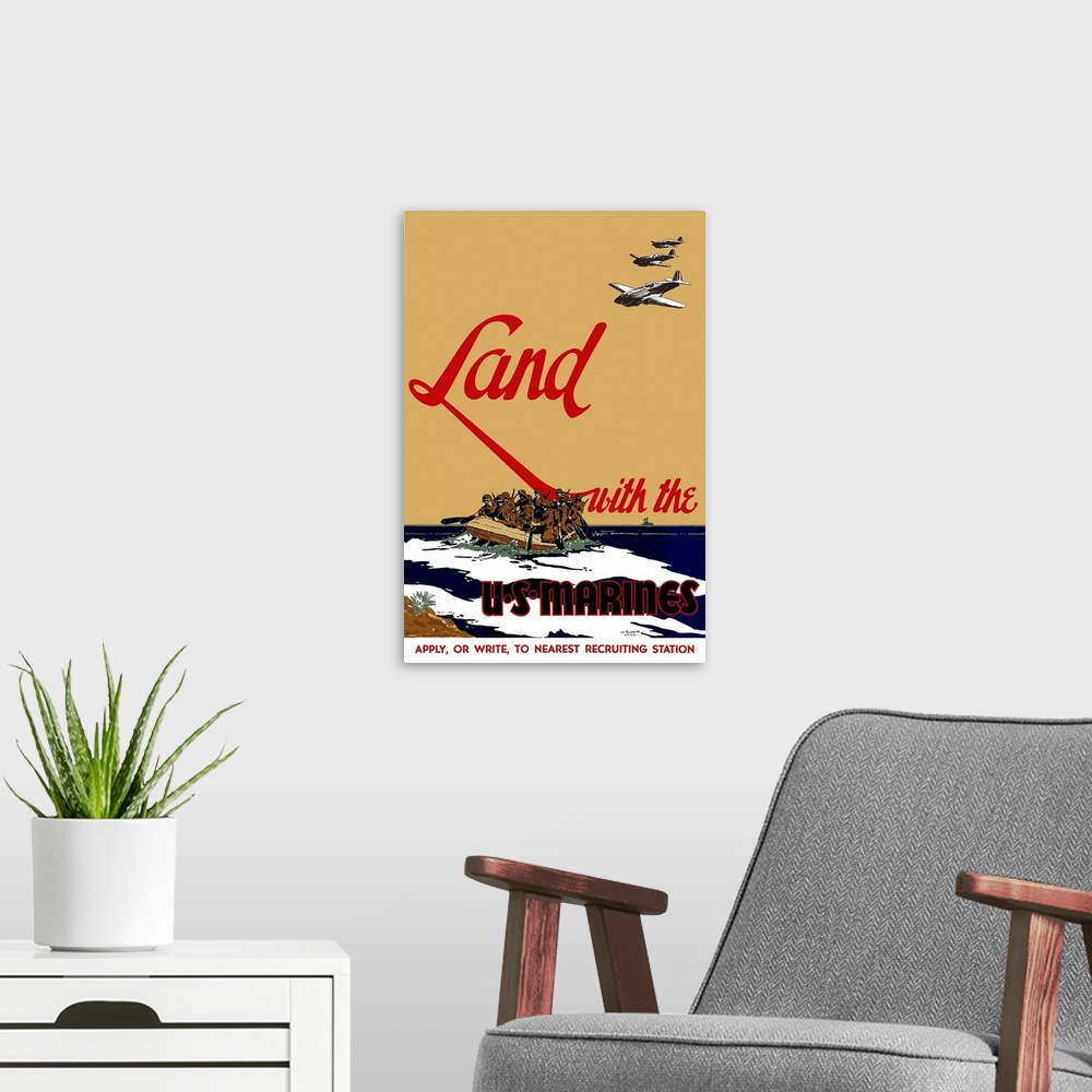 A modern room featuring Digitally restored vector war propaganda poster. This vintage World War II poster features US Mar...