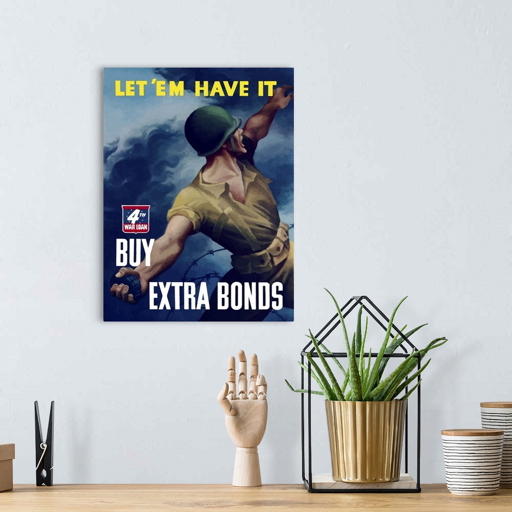 A bohemian room featuring Digitally restored vector war propaganda poster. This vintage war poster features a soldier tossi...