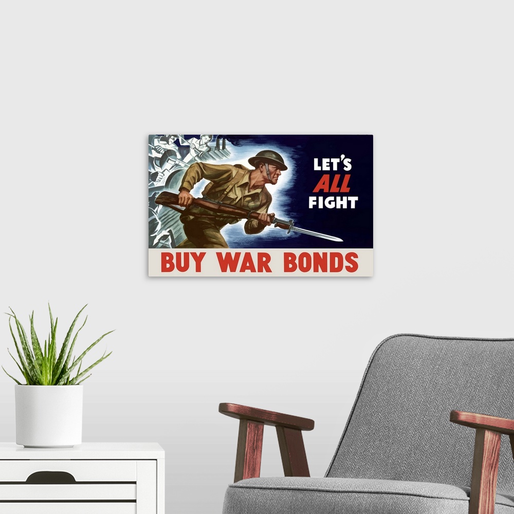 A modern room featuring Digitally restored vector war propaganda poster. This vintage World War II poster features factor...