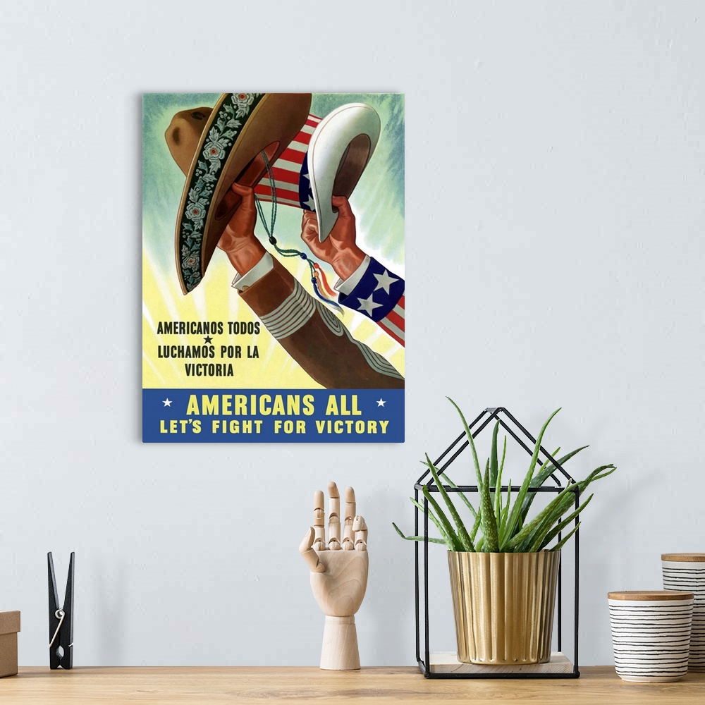 A bohemian room featuring Digitally restored vector war propaganda poster. This vintage World War Two poster features two h...