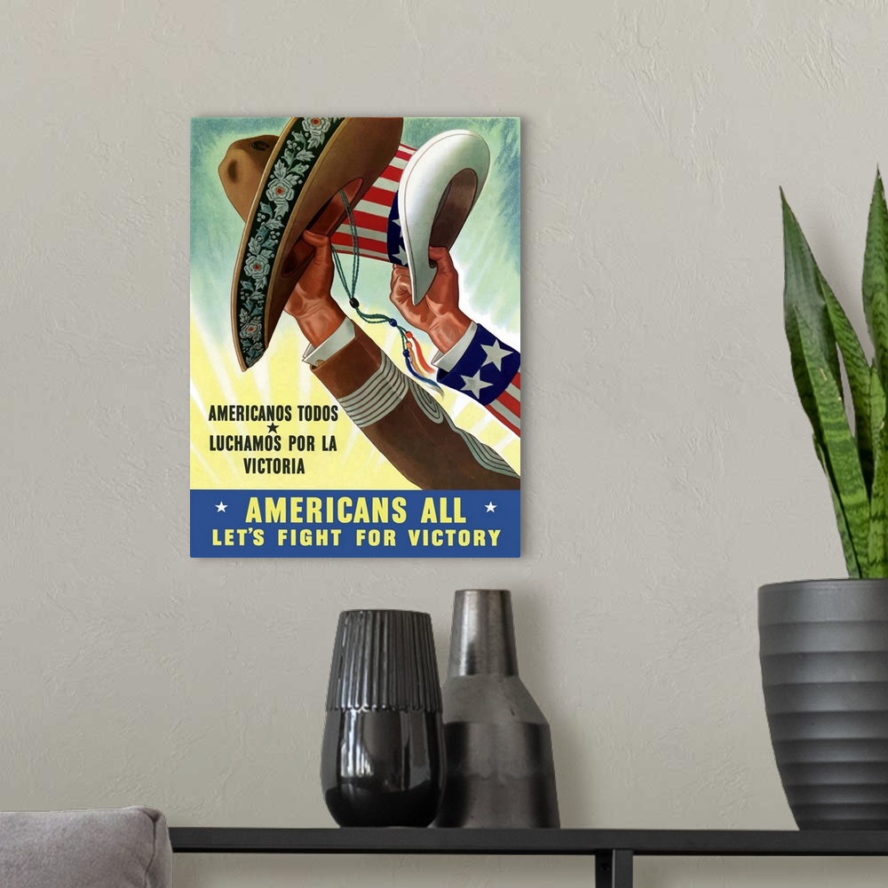 A modern room featuring Digitally restored vector war propaganda poster. This vintage World War Two poster features two h...