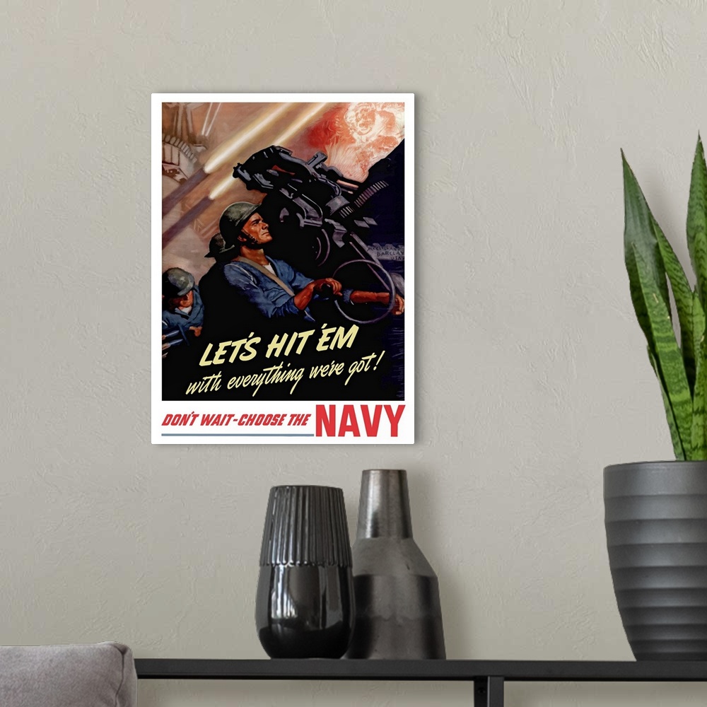A modern room featuring Digitally restored vector war propaganda poster. This vintage World War II poster features sailor...