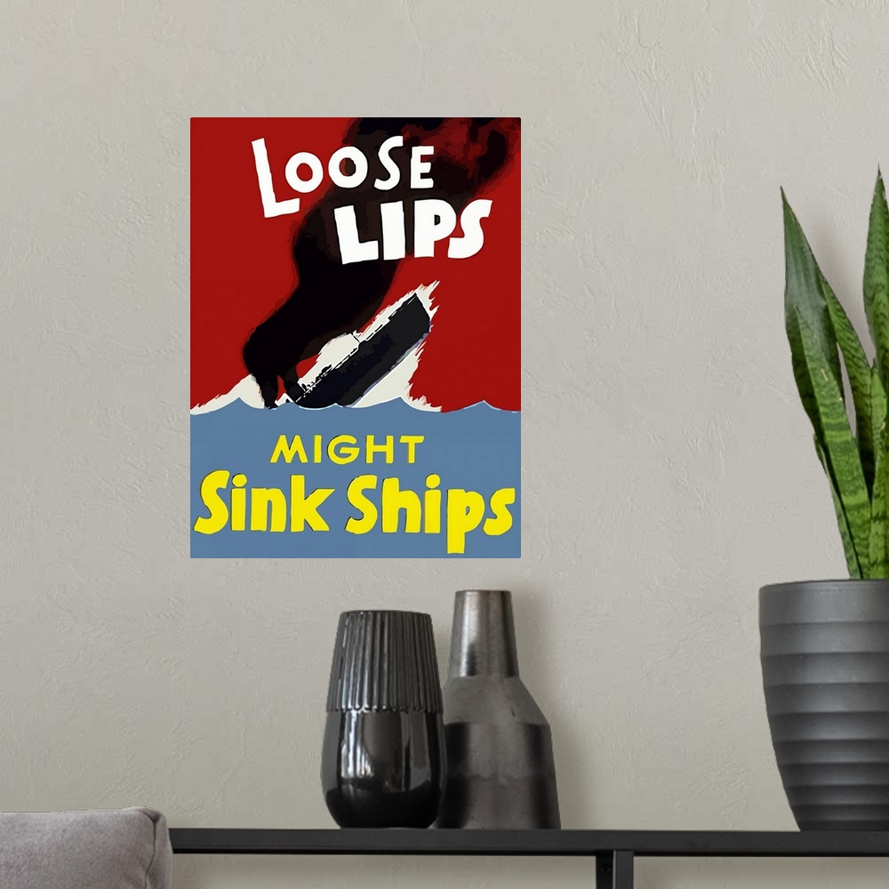 A modern room featuring This vintage WWII poster features a sinking ship on the ocean. It declares - Loose Lips Might Sin...