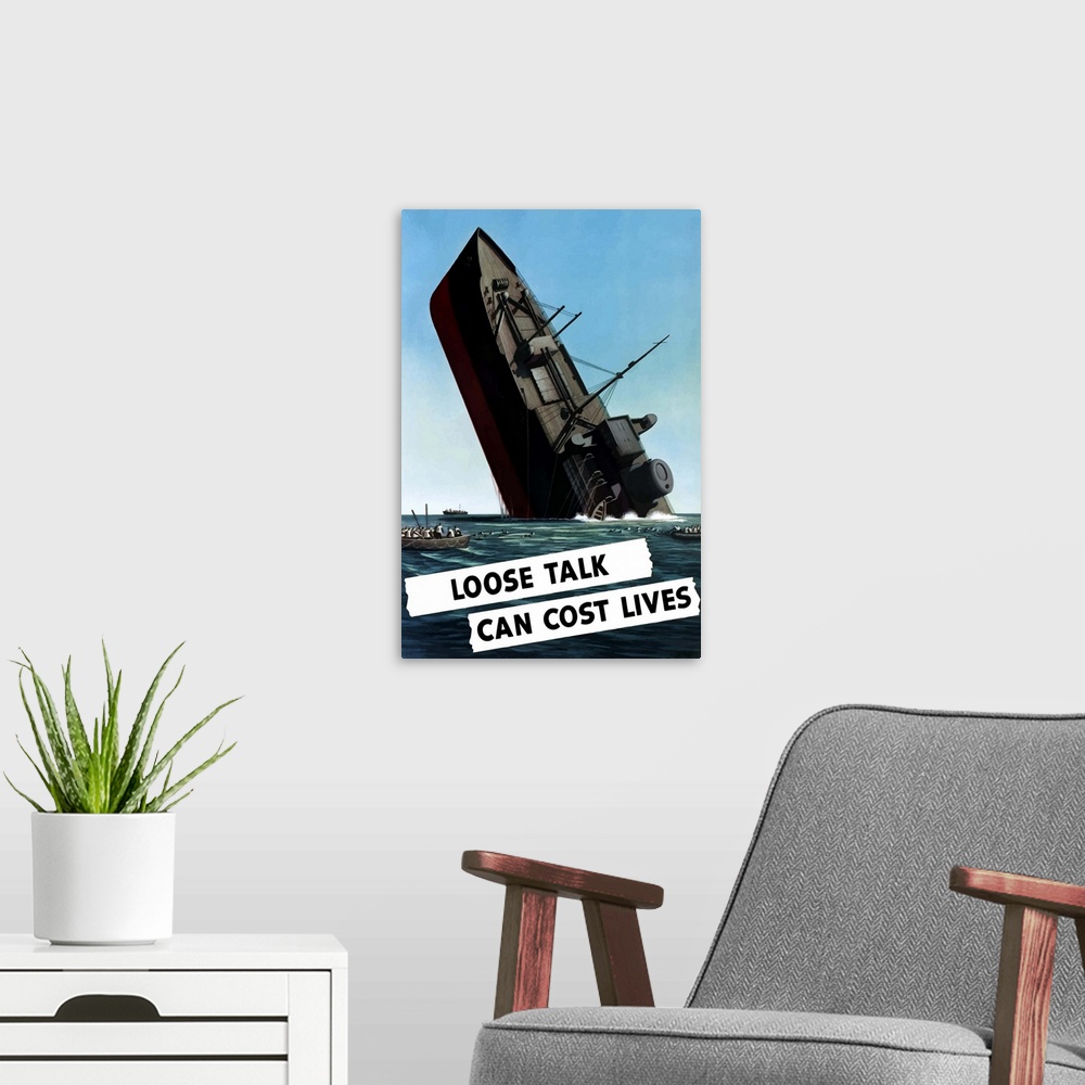 A modern room featuring Digitally restored vector war propaganda poster. This vintage World War Two poster features a sin...