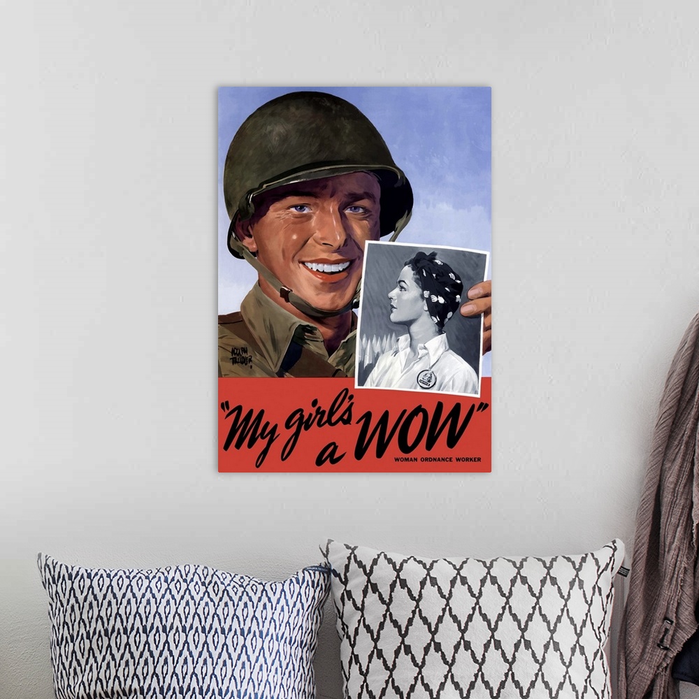 A bohemian room featuring Digitally restored vector war propaganda poster. This vintage World War II poster features a smil...