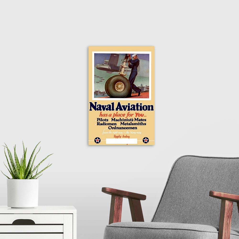 A modern room featuring Digitally restored vector war propaganda poster. This vintage World War II poster features planes...