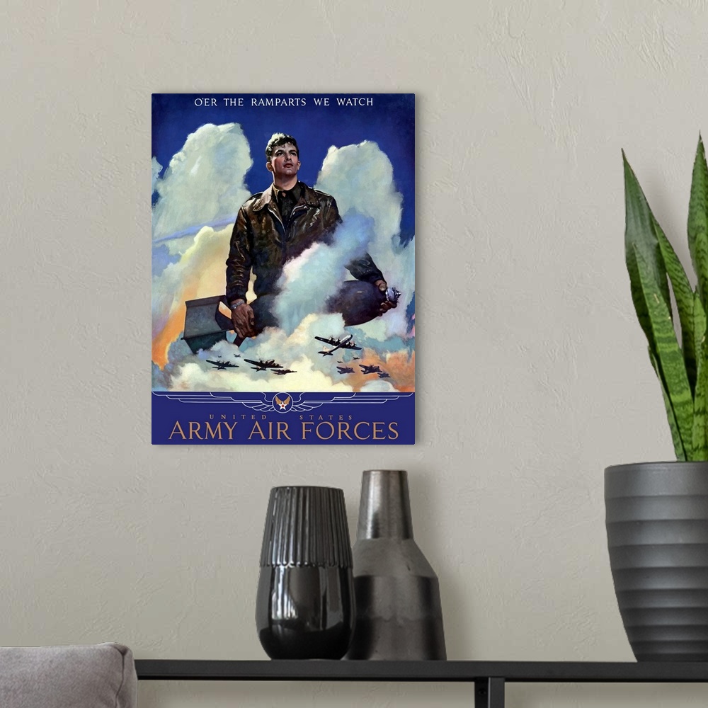 A modern room featuring A vintage World War Two poster on canvas featuring an American Air Force Pilot staring into the c...