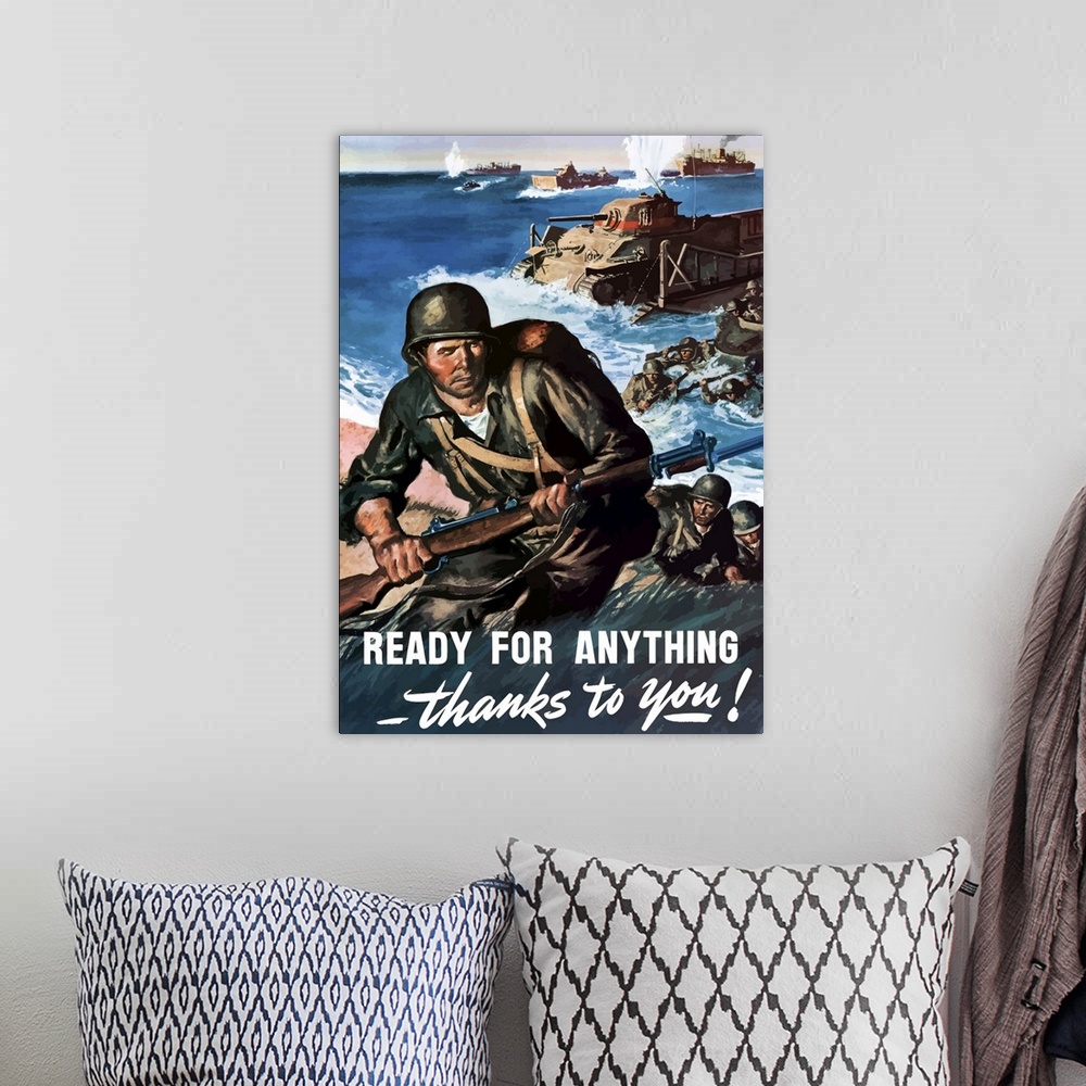 A bohemian room featuring Digitally restored vector war propaganda poster. This vintage World War II poster features Americ...