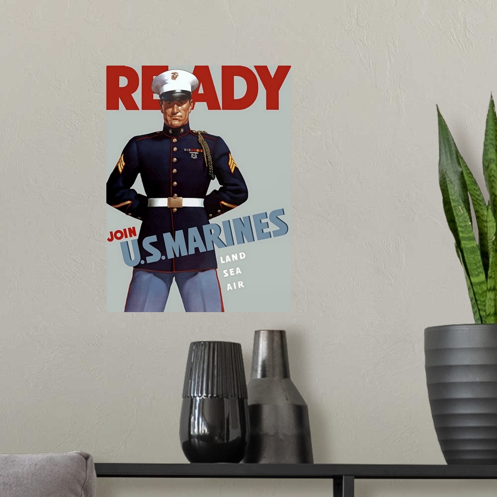 A modern room featuring Digitally restored vector war propaganda poster. This Marine Corps recruiting poster from World W...